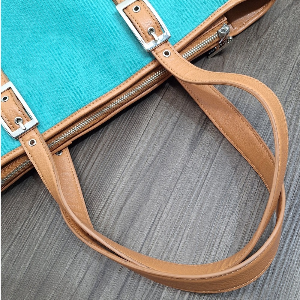 Bath & Body Works Teal Corduroy Tan Faux Leather Tote Shoulder Bag Buckle Accent - Picture 10 of 15